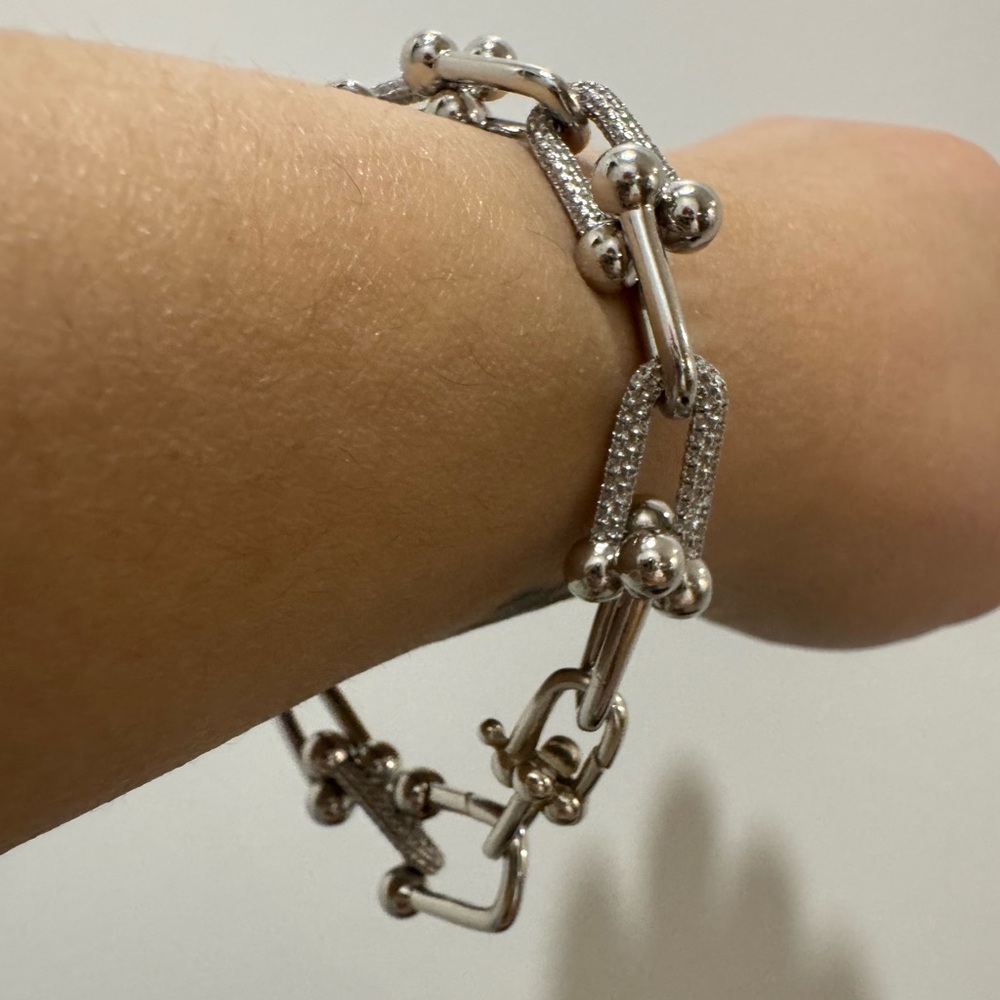 925 Sterling Silver Hardware U-Link Bracelet CZ 32g Chunky! 7” + .5” - Picture 4 of 6